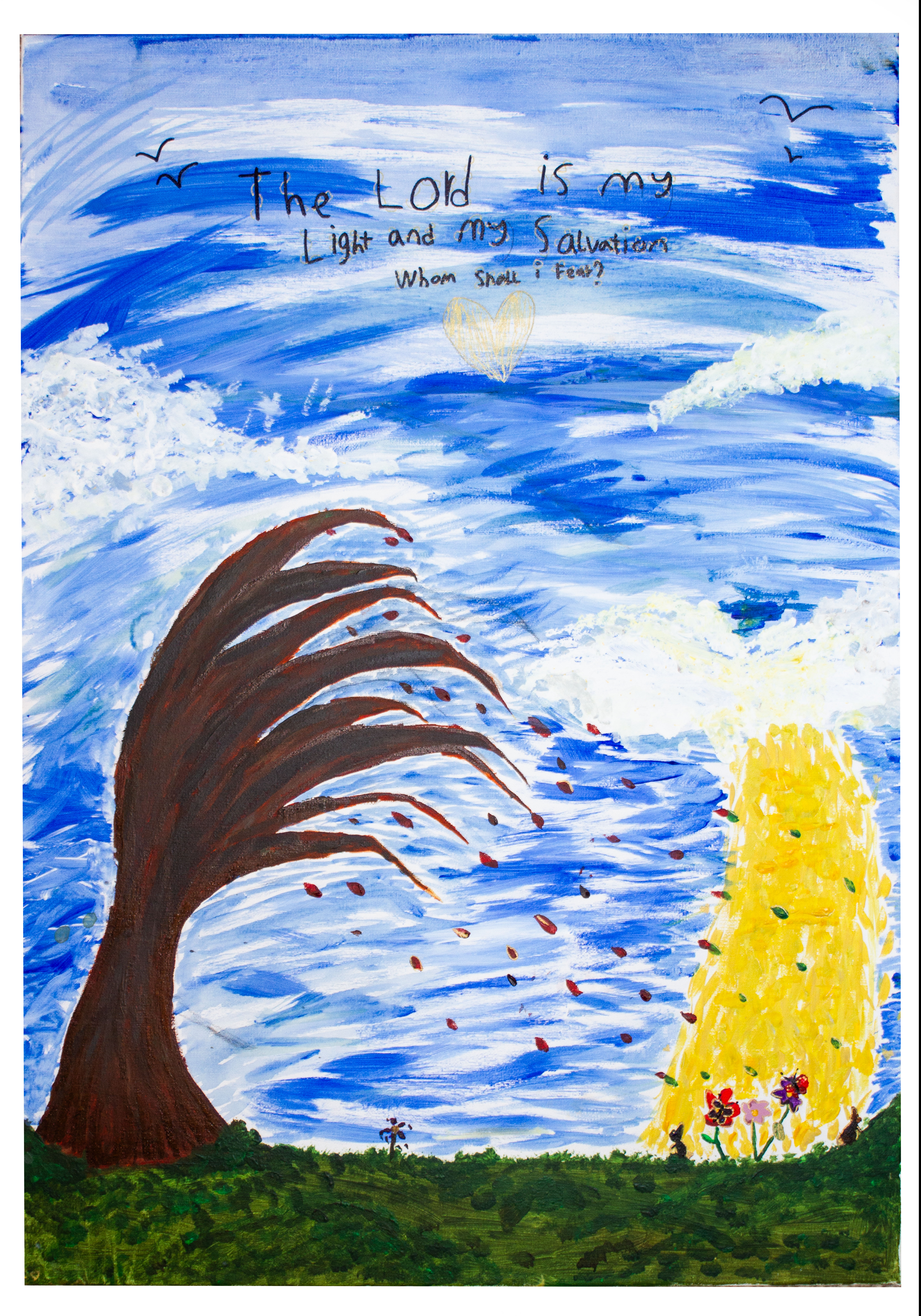 A portrait canvas with a brown tree blowing in the wind against a blue and white sky. The words The Lord is my Light and my Salvation, Whom shall I Fear? are written in black across the sky.