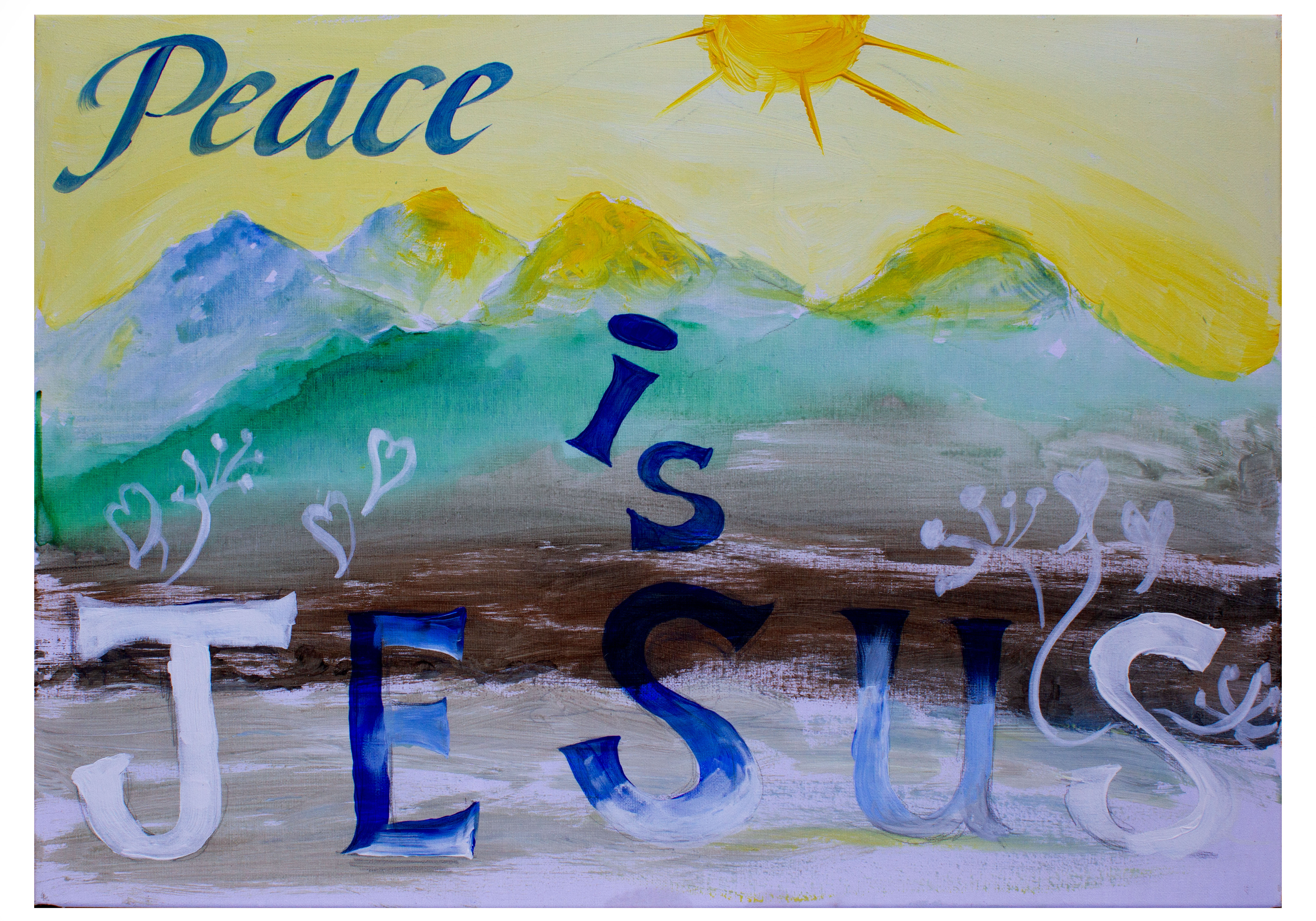 A canvas with the workd Peace is Jesus written on it in blue and white. The background is a mountain range with a sky filled with sun and bright sunshine.